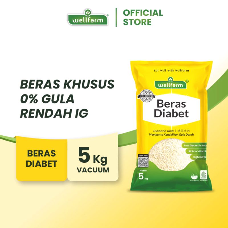 WellFarm Beras Diabetes Organik Sugar Free Low GI, Beras Diabet WellFarm, Kemasan Vacuum 5Kg